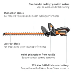Worx WG260E.5 20V 2.0Ah Cordless Hedge Trimmer - 61cm -Westland Shop 13326412 9914900646513268