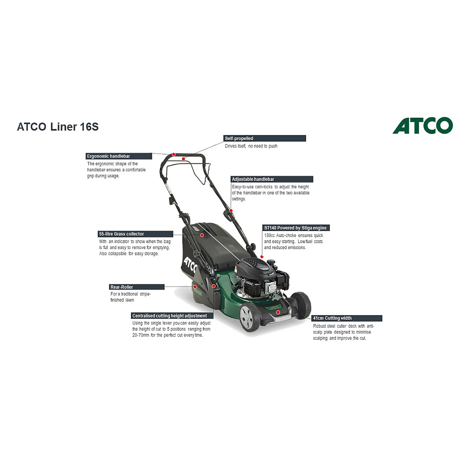 Atco 139cc Liner 16S Petrol Lawn Mower - 41cm 5 Atco 139cc Liner 16S Petrol Lawn Mower - 41cm - Image 3
