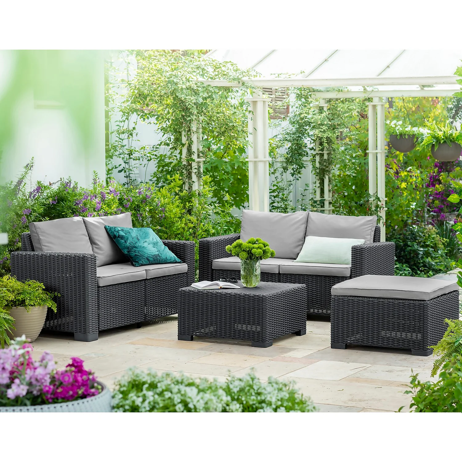 Keter California 5 Seater Double Sofa Outdoor Garden Furniture Lounge Set - Graphite With Grey Cushions 4 Keter California 5 Seater Double Sofa Outdoor Garden Furniture Lounge Set - Graphite With Grey Cushions - Image 2